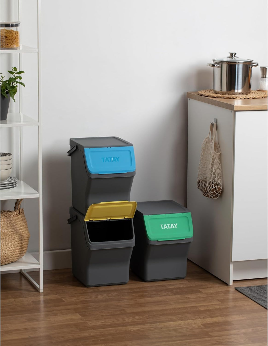 TATAY Mülltrennsystem Easy Waste 20L | 3er Set Recycling Behälter | Modular und Stapelbar | Deckel m