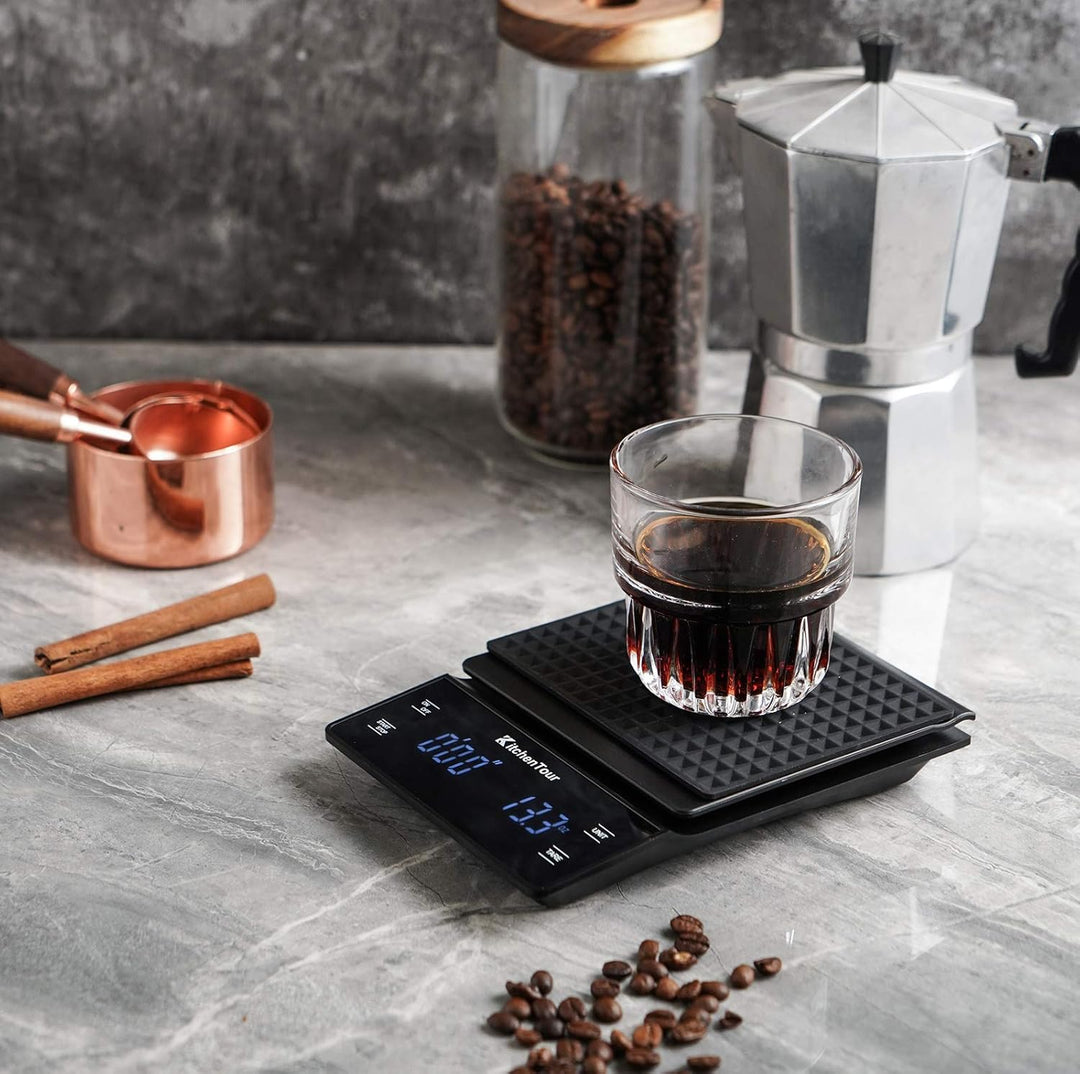 KitchenTour Kaffeewaage mit Timer 3kg/0,1g Hohe Präzision Pour Over Drip Espresso Waage mit hintergr