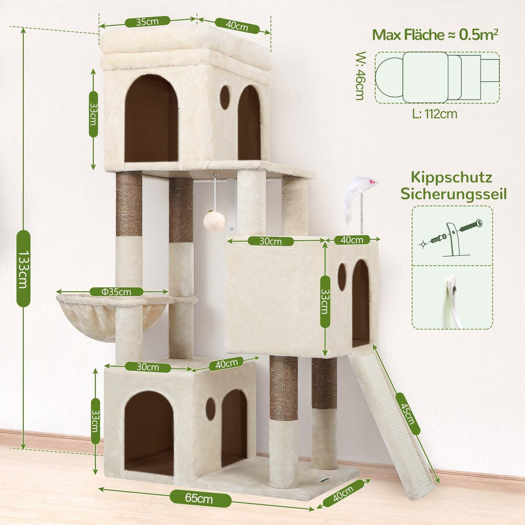 Globlazer Kratzbaum Beige für 2-4 Katzen mit 3 Grosse Katzenhaus 40*33*35cm, Weich Katzenkorb, Kratz