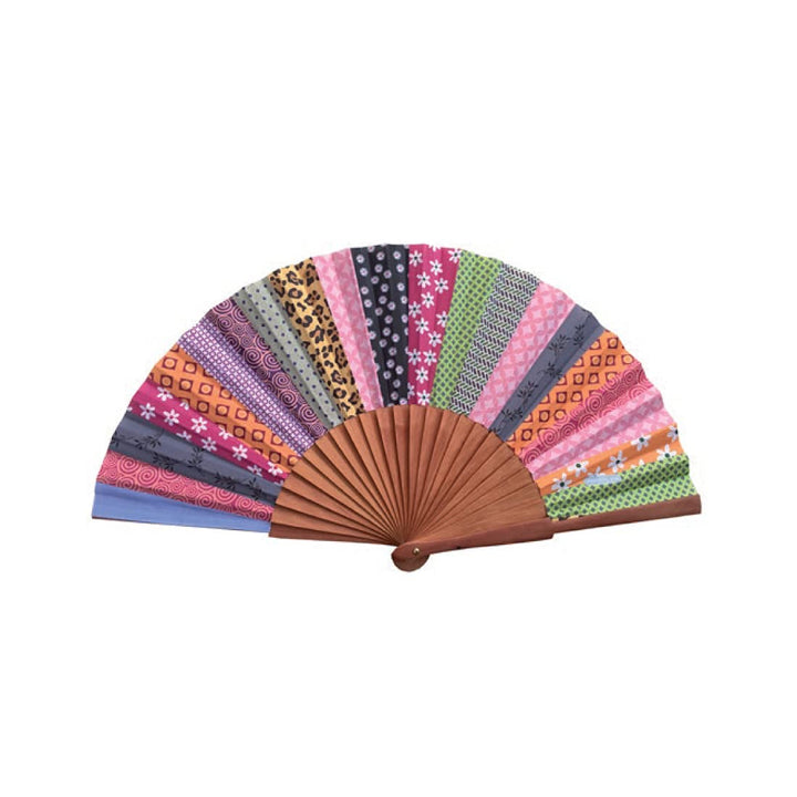 Handfächer Patchwork - Aus Holz und Baumwolle - 100% spanisches Handwerk - Inklusive natürlicher Jut