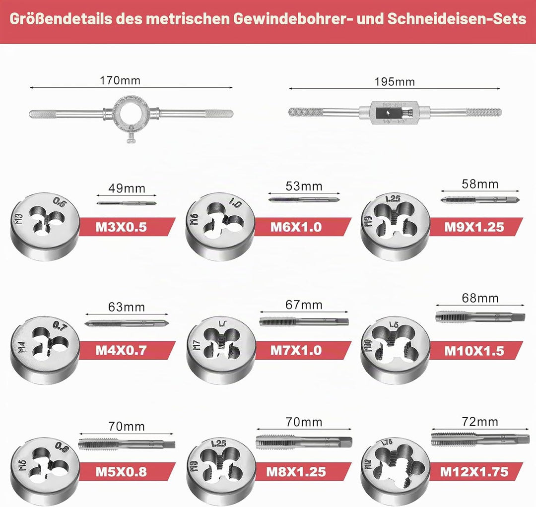 Gewindeschneider Set Metrisch M3-M12 Gewindeschneidsatz, Gewindebohrer Schneideisen Set mit Bohrer,