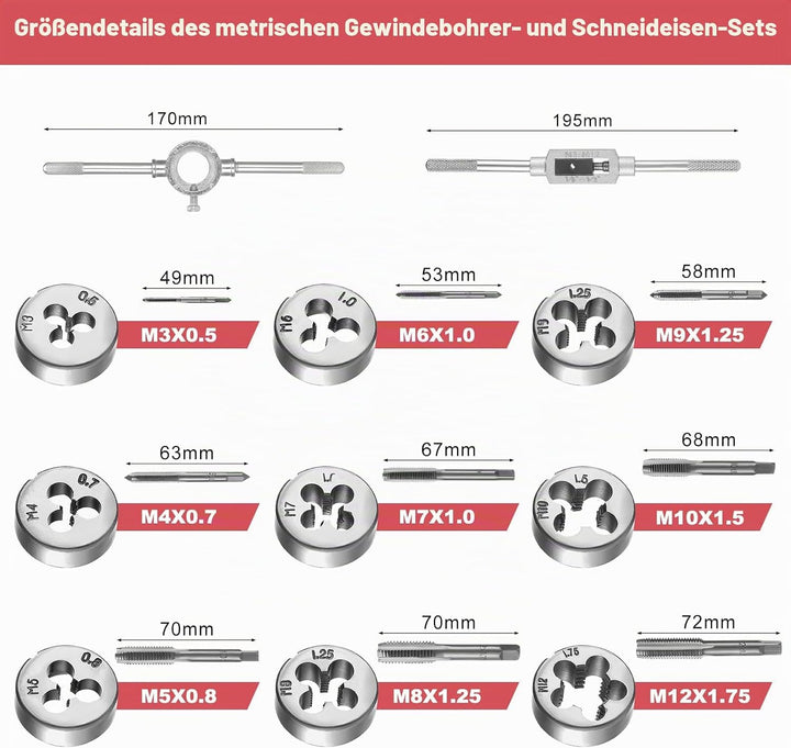 Gewindeschneider Set Metrisch M3-M12 Gewindeschneidsatz, Gewindebohrer Schneideisen Set mit Bohrer,