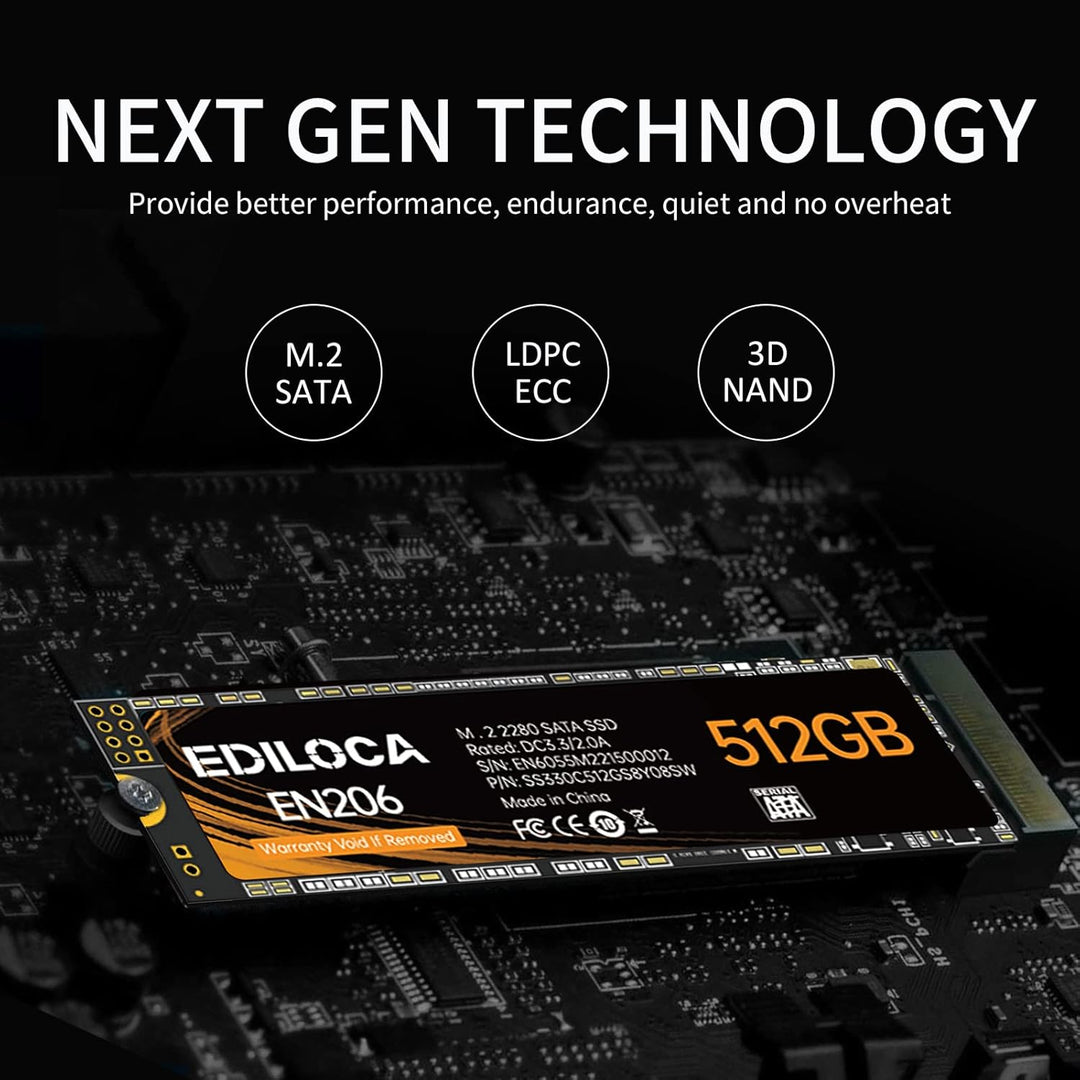 Ediloca EN206 512GB 3D NAND TLC M.2 SSD, M.2 2280 SATA III 6Gb/s SSD interne Festplatte, Lese-/Schre