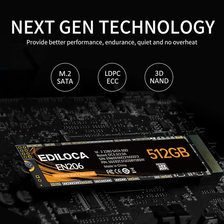 Ediloca EN206 512GB 3D NAND TLC M.2 SSD, M.2 2280 SATA III 6Gb/s SSD interne Festplatte, Lese-/Schre