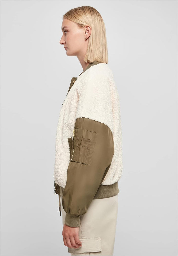 Urban Classics Damen Ladies Oversized Sherpa Mixed Bomber Jacket M whitesand/darkolive, M whitesand/