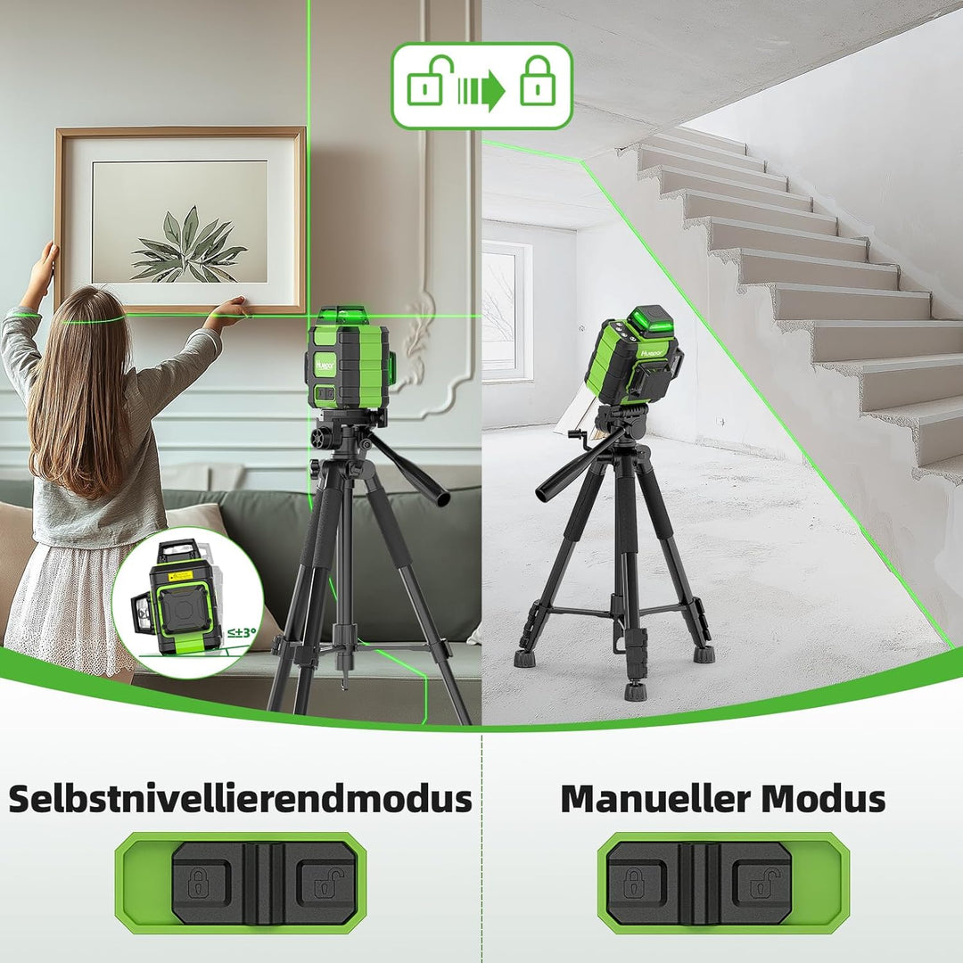 Huepar Kreuzlinienlaser 360 grün, selbstnivellierend, wiederaufladbar, Laser Wasserwaage 3x360°, 3D-