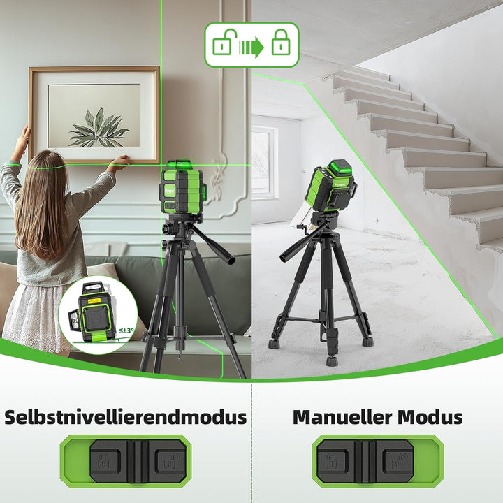 Huepar Kreuzlinienlaser 360 grün, selbstnivellierend, wiederaufladbar, Laser Wasserwaage 3x360°, 3D-