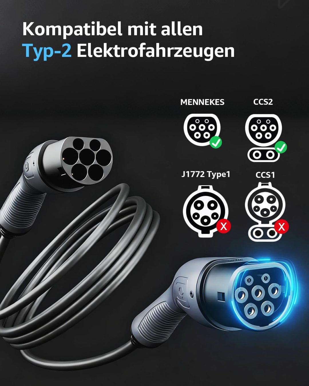 bokman Typ 2 Ladekabel, Modus 3 / 16A / 11 kW / 3-Phasig / 5 Meter, Typ 2 auf Typ 2 EV Ladekabel für