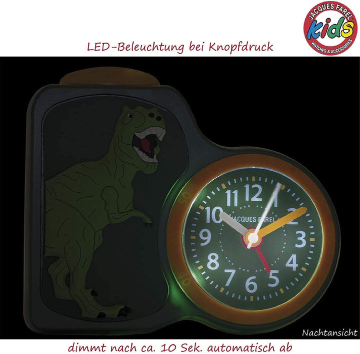 JACQUES FAREL Kinder-Wecker Jungen 3D Dinosaurier Grün Gelb Analog Quarz ohne Ticken mit Licht und S