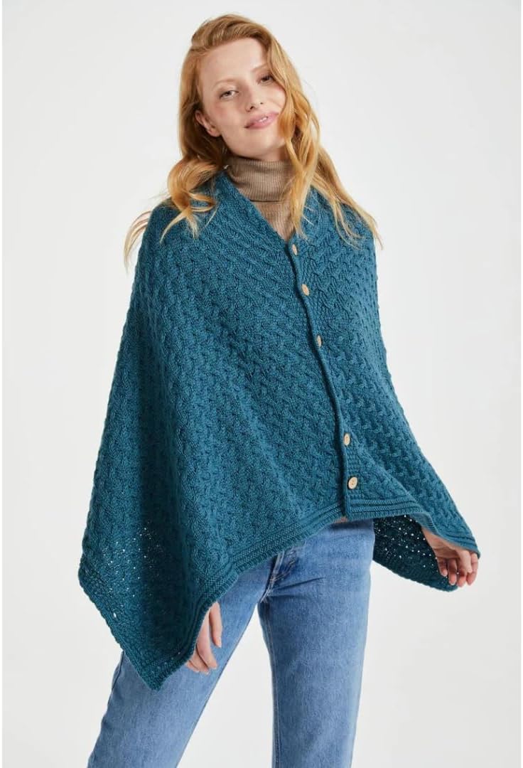 Aran Woollen Mills Supersoft Merino Wool Buttoned Irish Cape/Poncho Einheitsgrösse Blau, Einheitsgr&