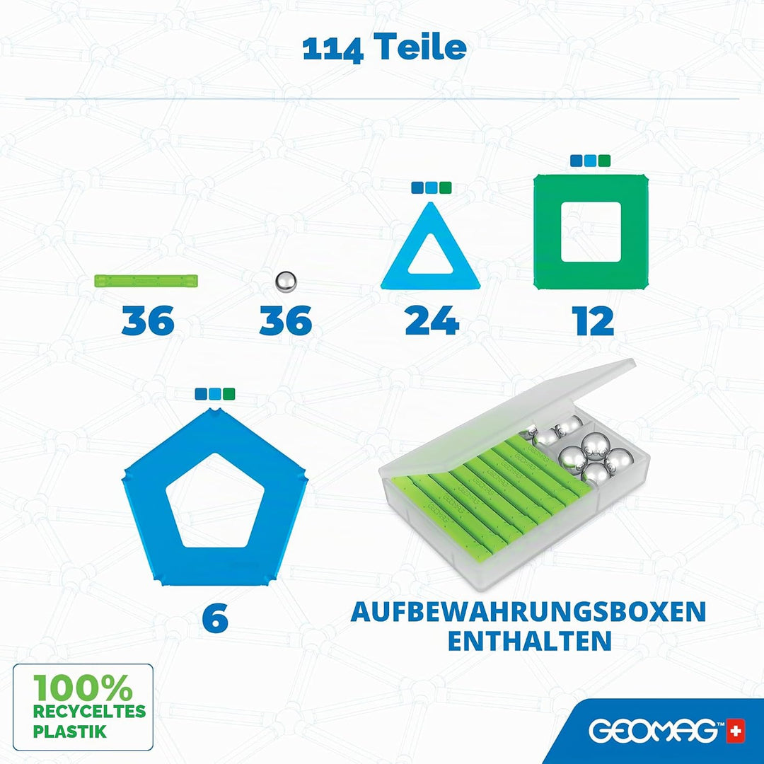 Geomag - Classic Panels 114 Pieces- Magnetic Construction for Children - Green Collection - 100 Perc