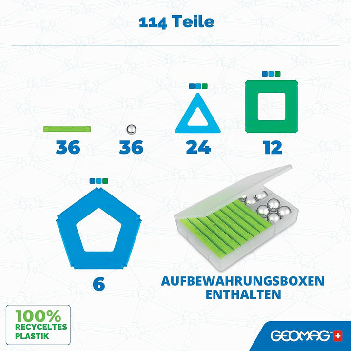 Geomag - Classic Panels 114 Pieces- Magnetic Construction for Children - Green Collection - 100 Perc
