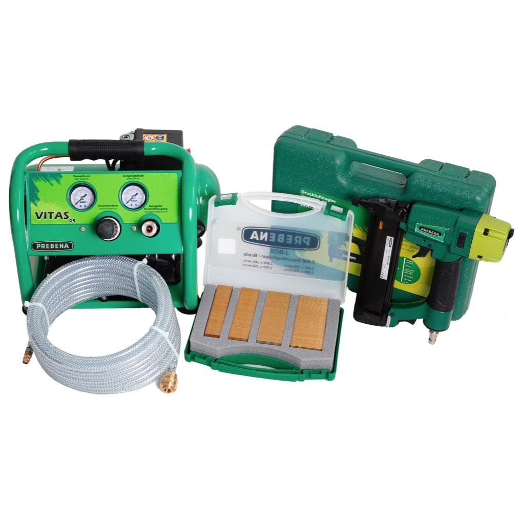 Prebena Komplettpaket 2XR-J50 Druckluftnagler + Druckluftschlauch 10m + Kompressor VITAS 45 + J-BOX