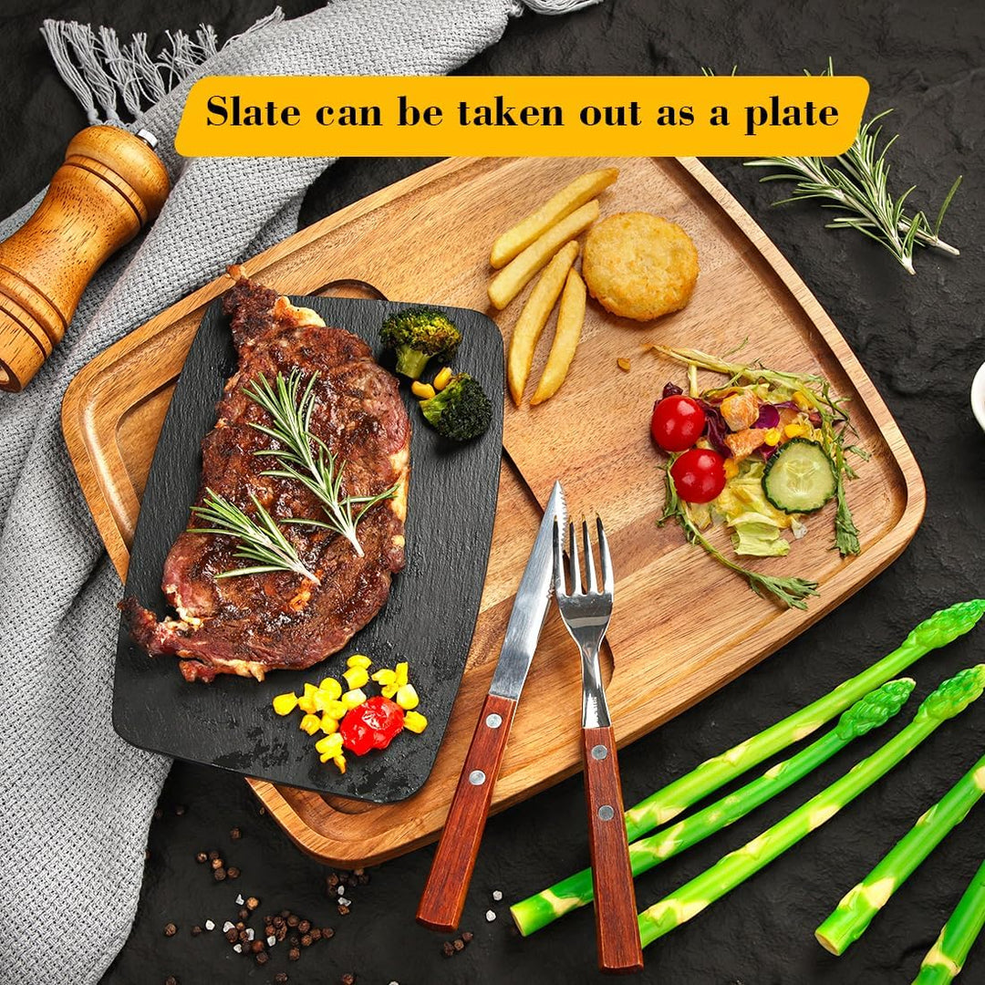 Servierbrett Set aus Akazienholz & Schieferplatte, Steakbrett Holz Schiefer Serviertablett, Servierp