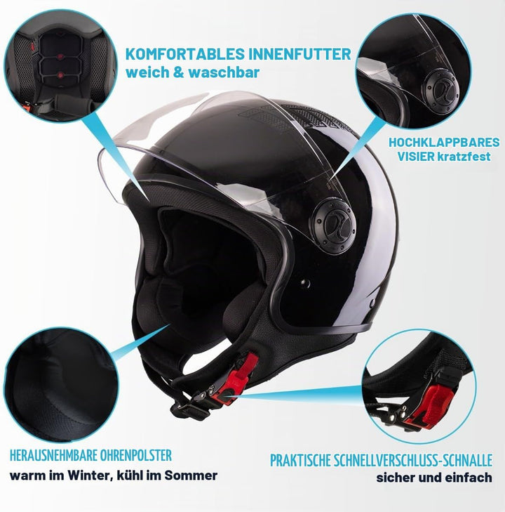 VINZ Como Jethelm mit Visier ECE 22.06 Zertifiziert | Roller Helm Mopedhelm Für Motoroller &amp; Vespa |