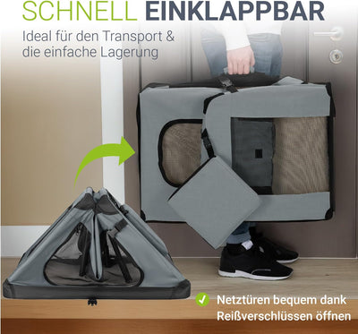Juskys Hundetransportbox Lassie L (grau) faltbar - 50 x 70 x 52 cm - Reisebox mit Decke, Tasche & Gr
