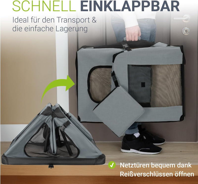 Juskys Hundetransportbox Lassie L (grau) faltbar - 50 x 70 x 52 cm - Reisebox mit Decke, Tasche & Gr