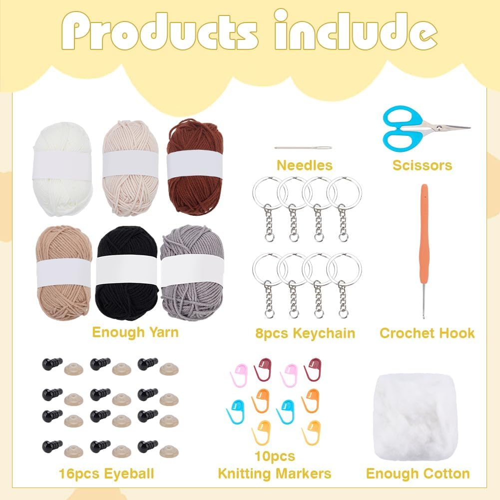 WEBEEDY 8 Set Tier Häkel-Set Für Anfänger Erwachsene Hundehäkelset Enthält Buntes Garn Häkelnadel Sc