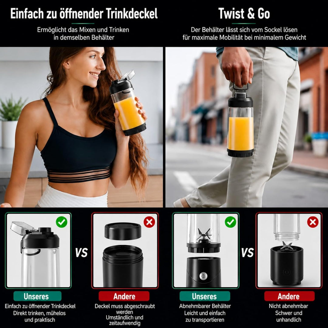 Smoothie Maker To Go mit USB-C, Tragbarer Mixer Mini-Standmixer 650ml für Smoothies & Protein Shakes