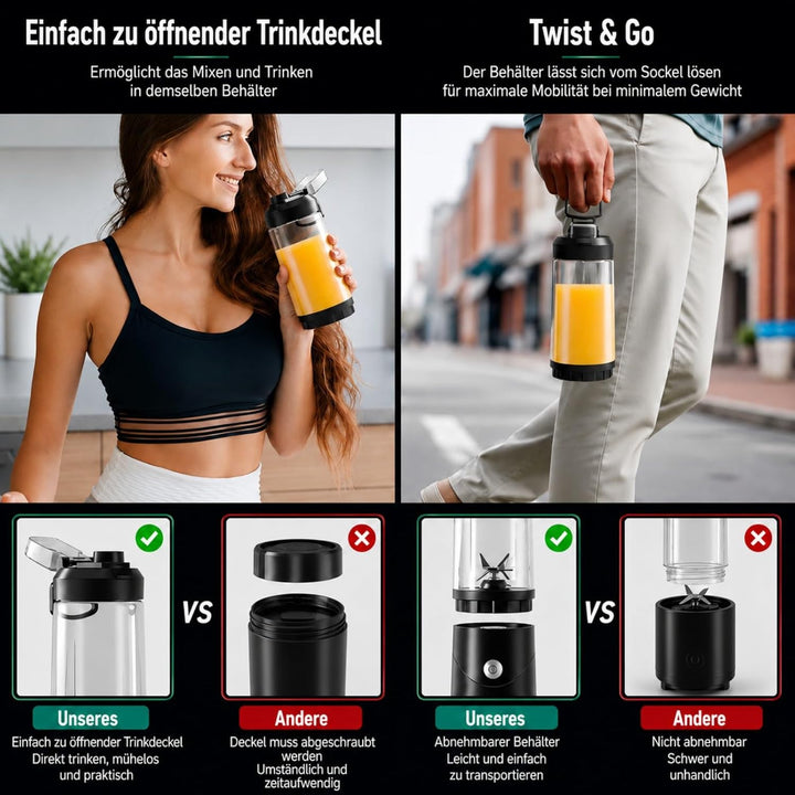 Smoothie Maker To Go mit USB-C, Tragbarer Mixer Mini-Standmixer 650ml für Smoothies & Protein Shakes