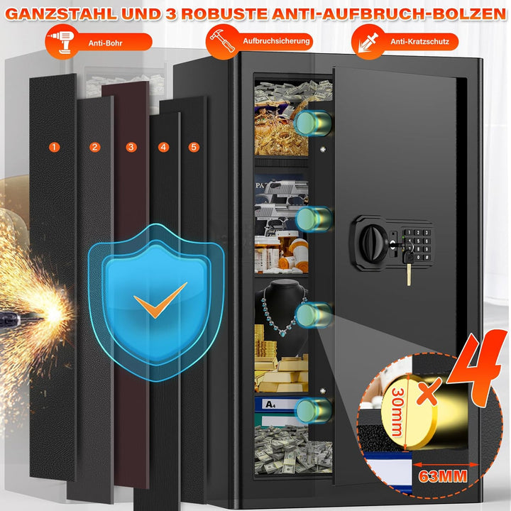 90L Grosser Feuerfester Tresor mit Feuerfeste Dokumententasche, Digitaler Heimtresor mit Herausnehmb