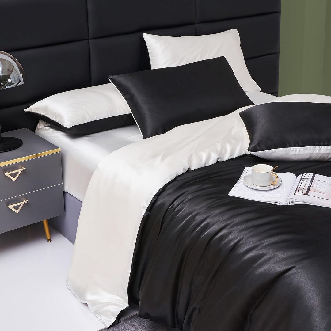 YASMENG Satin Bettwäsche 155x220 Schwarz Weiss Wendebettwäsche Set Modern Elegant Luxus Bettbezug Se