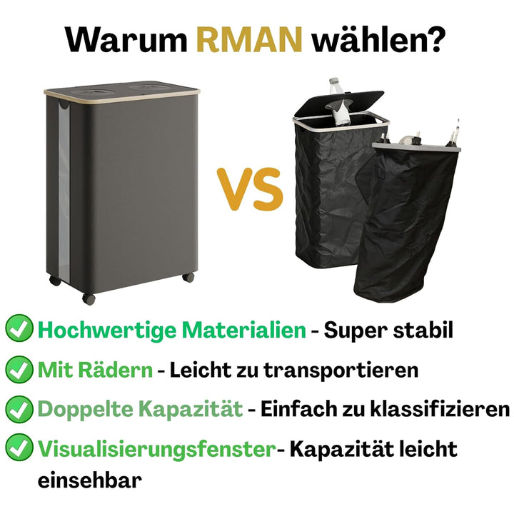RMAN 160L Pfandflaschen Sammelbehälter 2 Fächer mit Deckel Gross Pfandflaschen Behälter mit Räder Fl