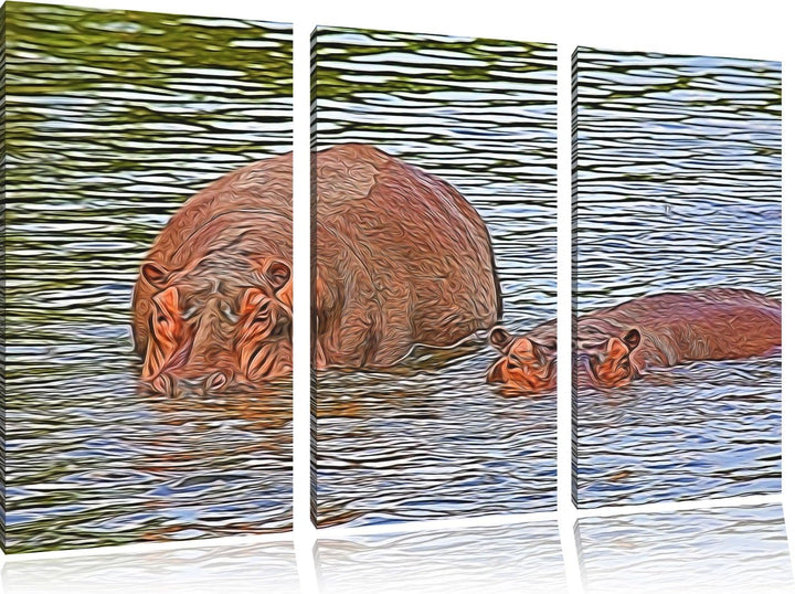 zwei Flusspferde im hohen Wasser NewArt 3-Teiler Leinwandbild 120x80 Bild auf Leinwand, XXL riesige