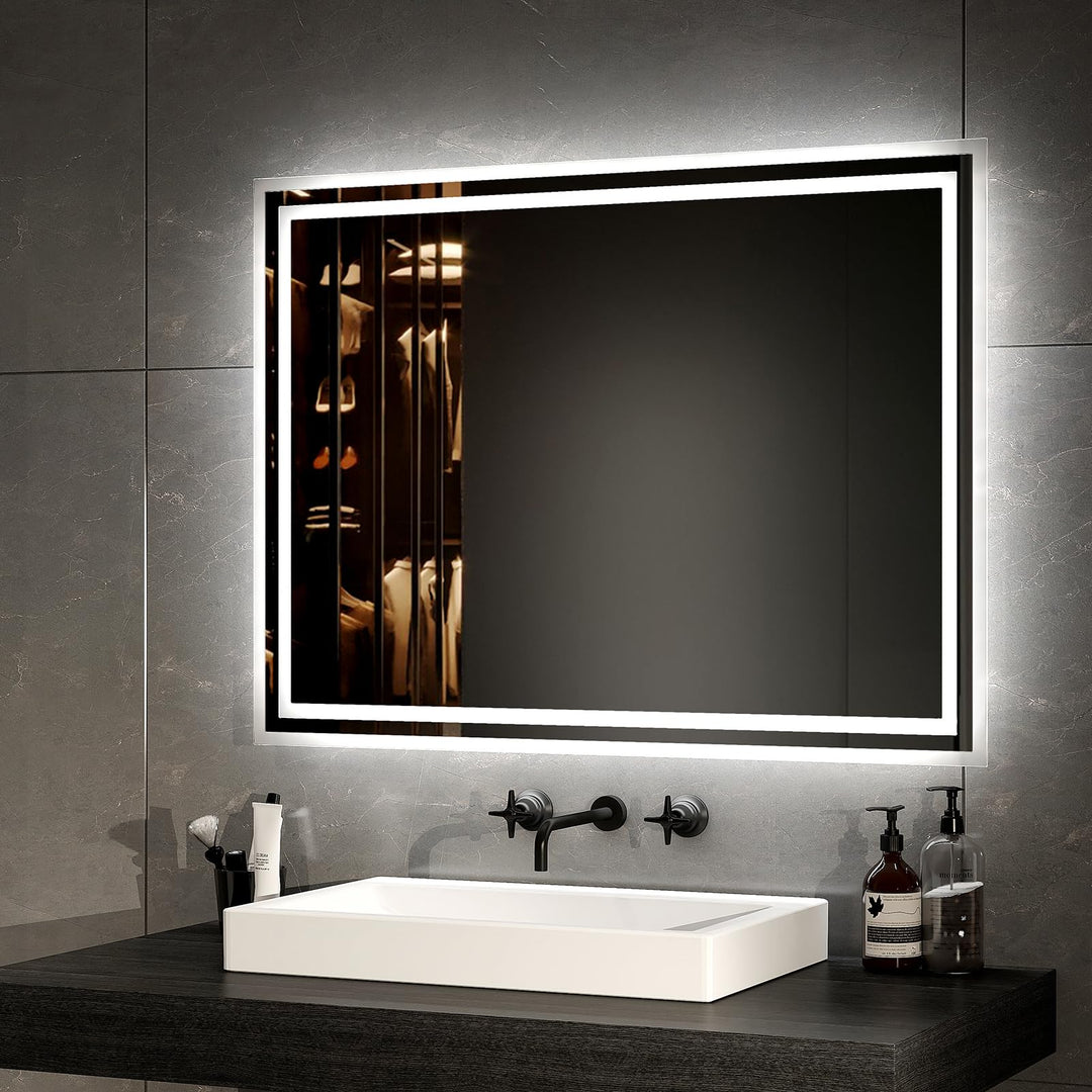 EMKE LED Badspiegel 80x60cm LED Wandspiegel mit Beleuchtung Warmweisses Licht und Kaltesweisses Lich
