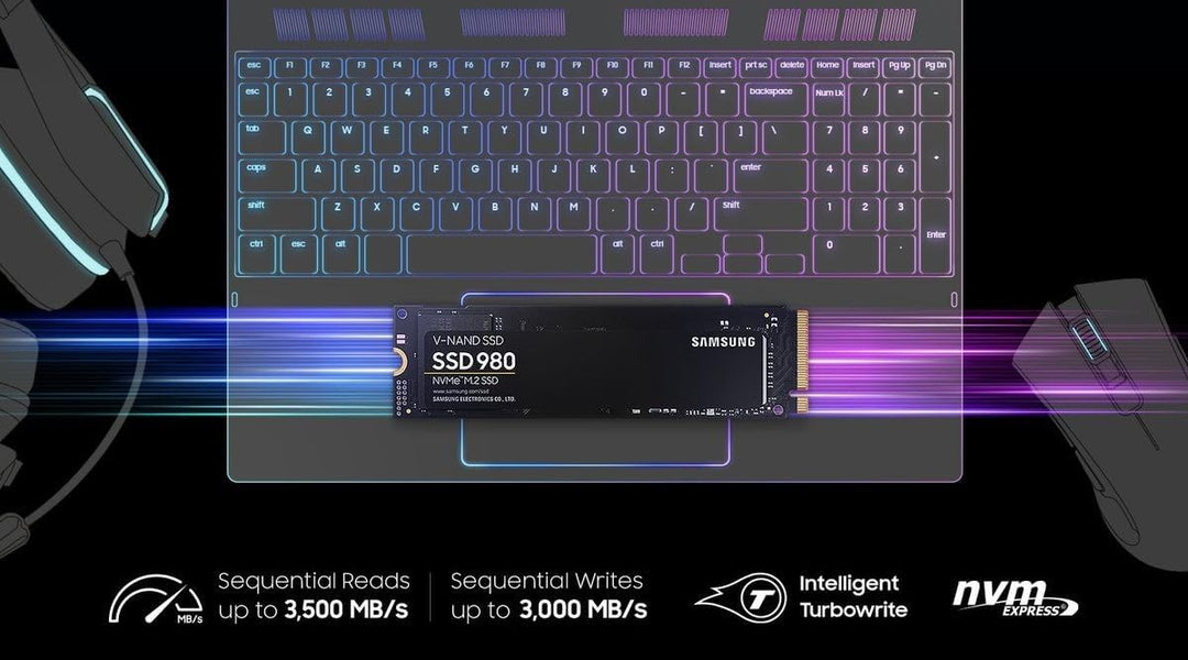 Samsung 980 NVMe M.2 SSD, 1 TB, PCIe 3.0, 3.500 MB/s Lesen, 3.000 MB/s Schreiben, Interne SSD für Ga