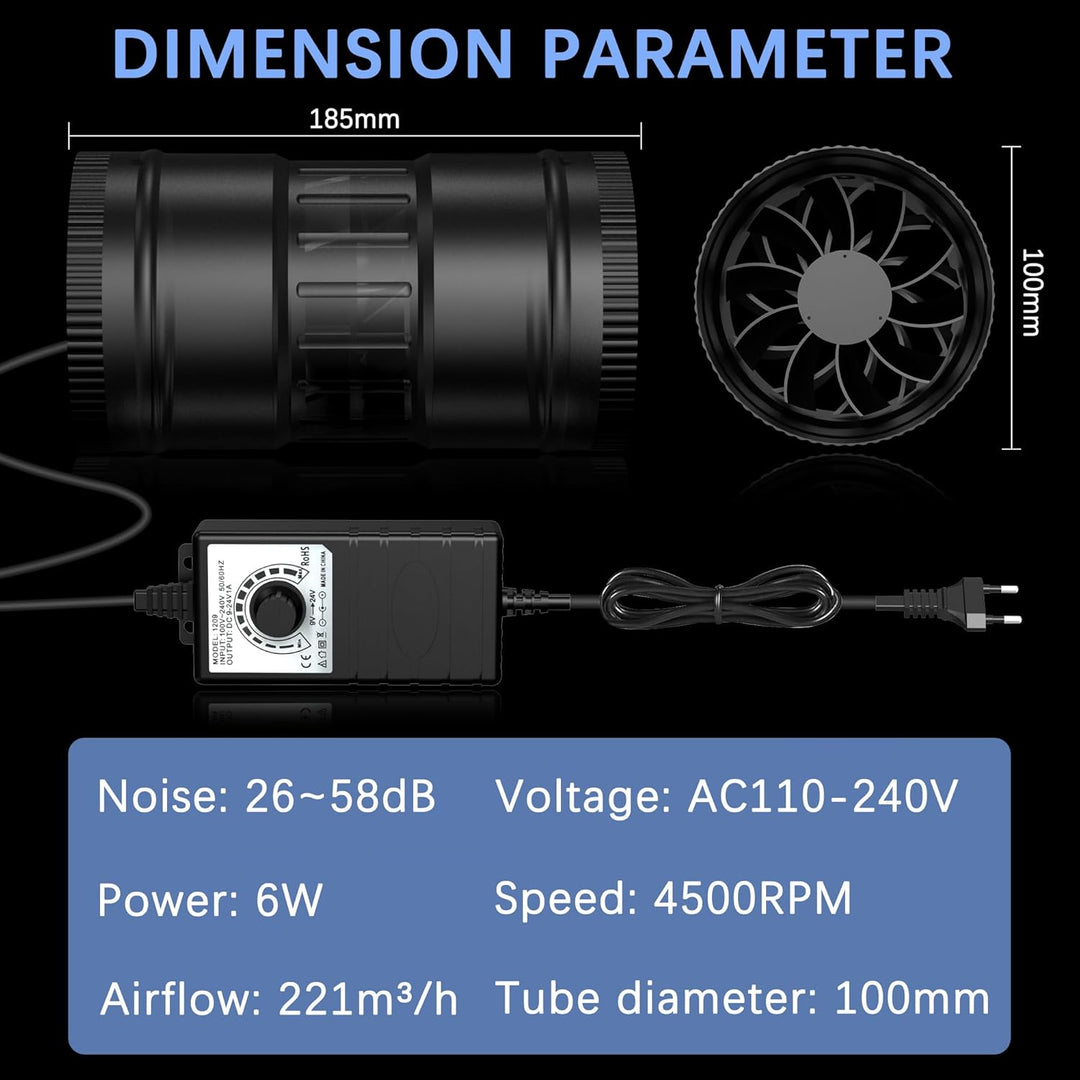 Rohrventilator 100mm, Rohrlüfter 221m³/h, EC Motor Ausgestattet Steckdose mit Timer, Verzögerung, Te