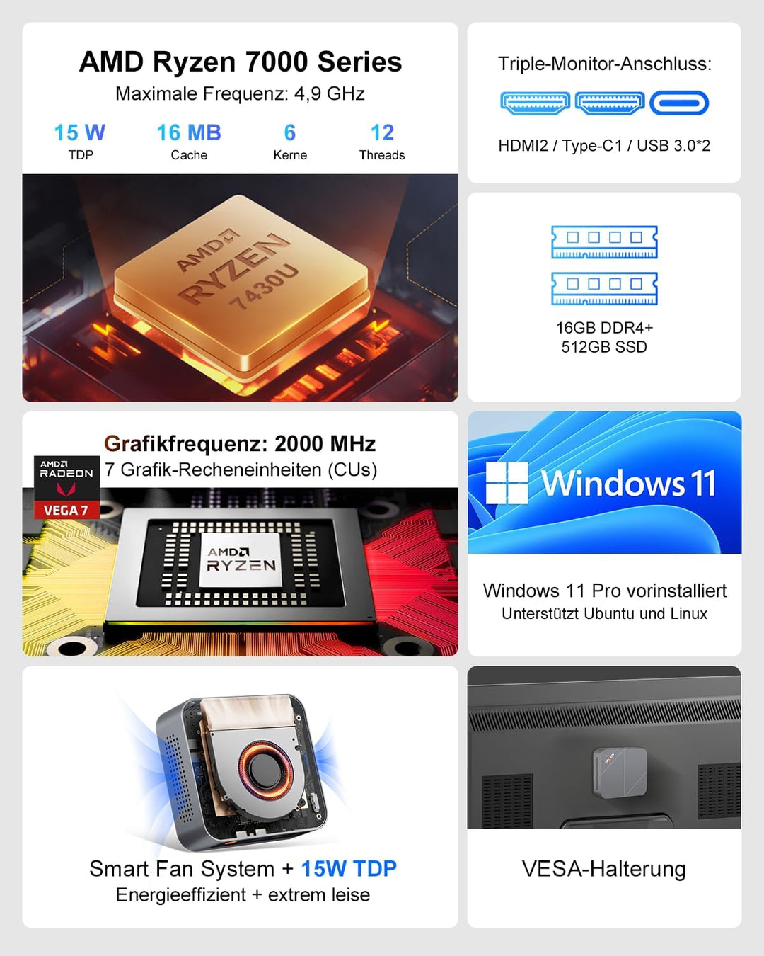 Ninkear Mini PC mit AMD Ryzen 7430U bis 4,9GHz, (3-Jahren-Garantie), 16GB RAM 512GB SSD, unterstützt