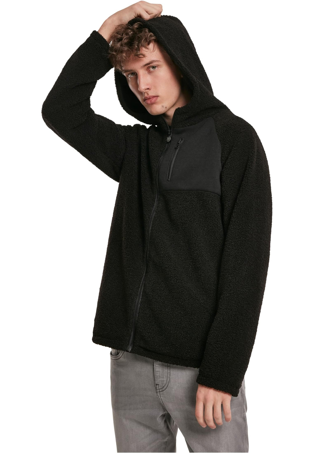 Urban Classics Herren Hooded Sherpa Zip Jacket S Schwarz, S Schwarz