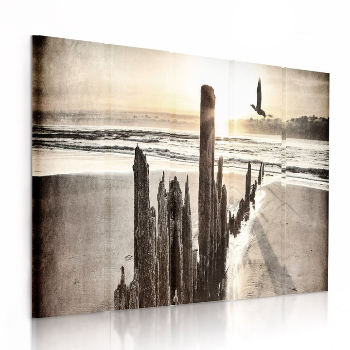 Feeby Frames, Leinwandbild Bilder Wand Bild - 5 Teile - Wandbilder Kunstdruck (WELLENBRECHERS, BRAUN