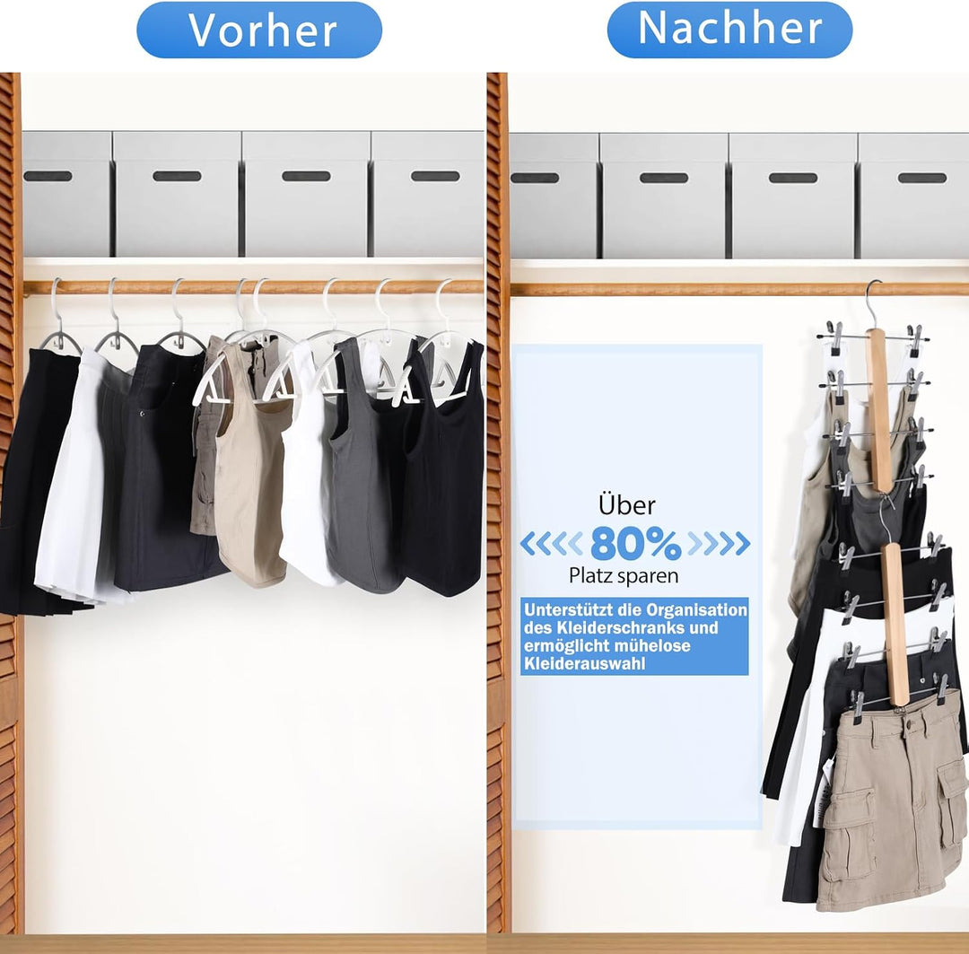 VANZAVANZU Kleiderbügel Platzsparend Rockbügel, 2er Pack 4 Etagen Hosenbügel aus Holz mit Klammern,