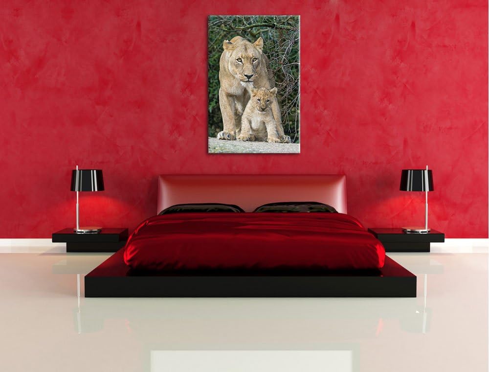 Pixxprint Löwin mit Jungtier auf Leinwand, XXL riesige Bilder fertig gerahmt mit Keilrahmen, Kunstdr