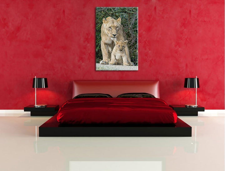 Pixxprint Löwin mit Jungtier auf Leinwand, XXL riesige Bilder fertig gerahmt mit Keilrahmen, Kunstdr