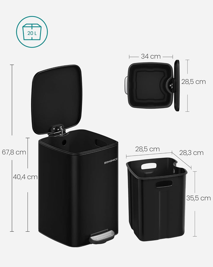 SONGMICS Mülleimer Küche, 20 Liter Abfalleimer, Tretmülleimer, Stahl, mit Inneneimer, Softclose, Off