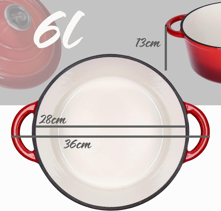 Kochtopf, Kasserole Fleischtopf aus emailliertem Gusseisen mit Deckel 6L, Ø28cm Edelstahl-Knauf, für