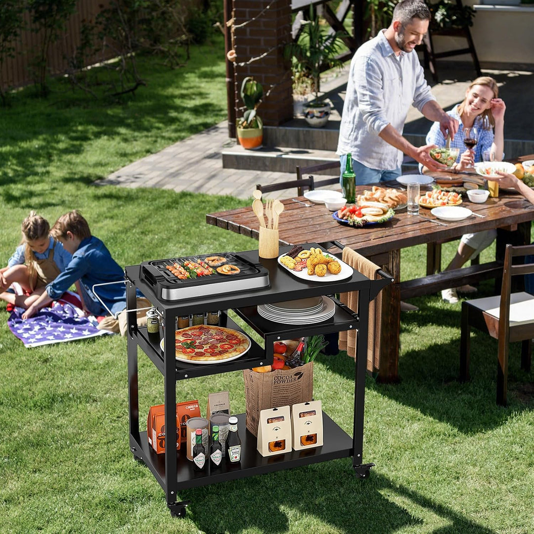 GOPLUS Grillwagen, Grilltisch Outdoor mit Griff, 4 Ablagen, Haken & Rollen, multifunktionaler Pizzat