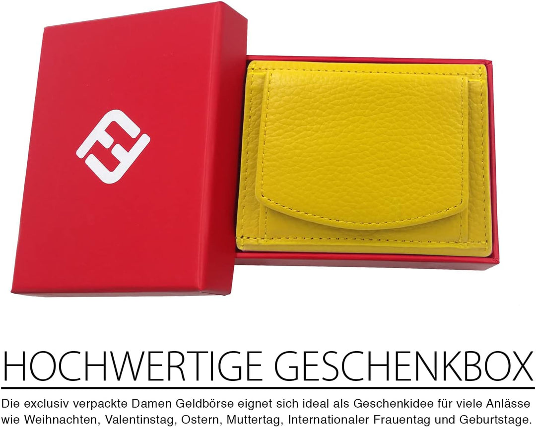 Mini Geldbörse Damen, Reise Portemonnaie klein viele Fächer, Leder gelb, RFID Blocker, Münzfach gros