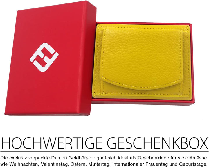 Mini Geldbörse Damen, Reise Portemonnaie klein viele Fächer, Leder gelb, RFID Blocker, Münzfach gros