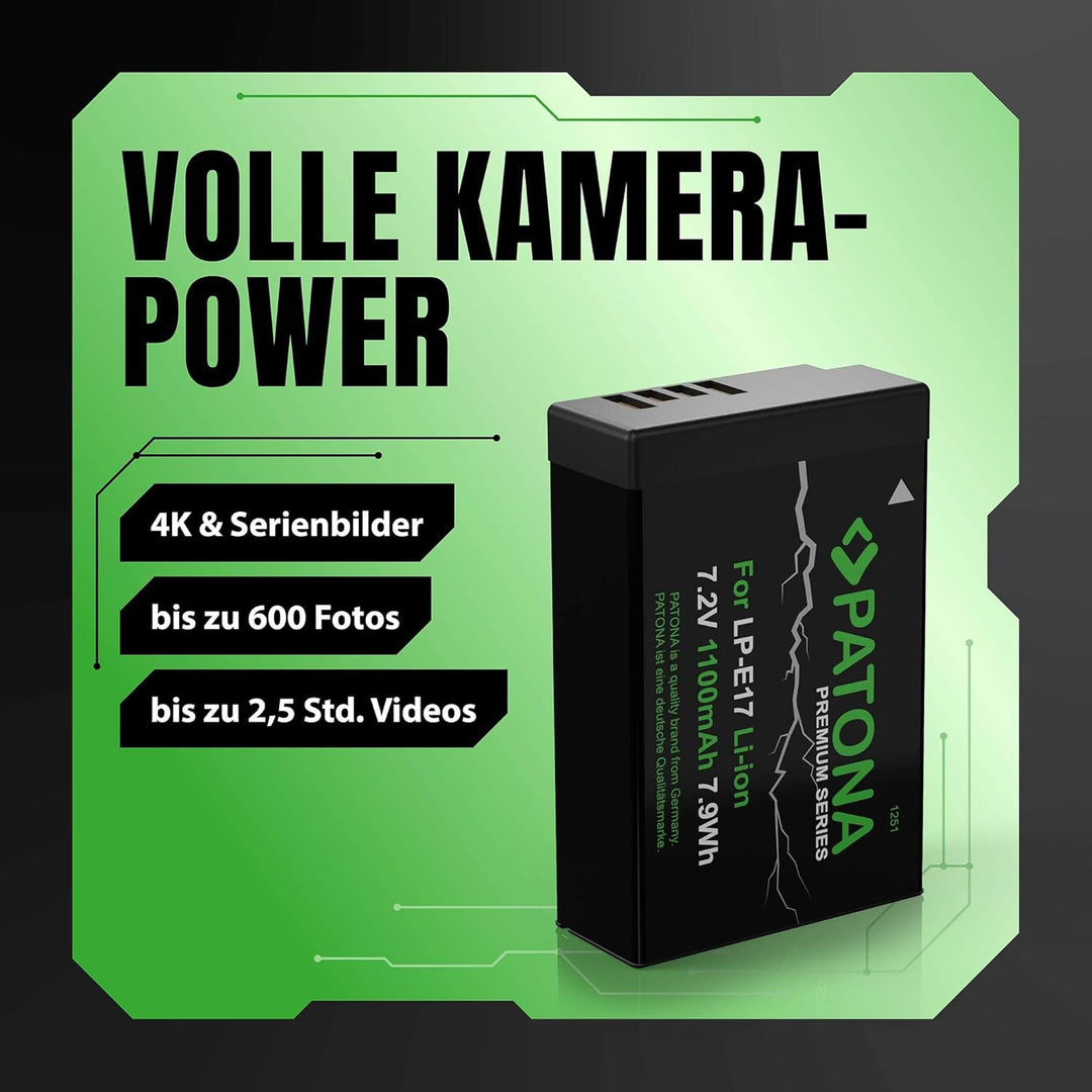 PATONA Premium LP-E17 Akku 1100mAh Kompatibel mit Canon EOS R10 77D 200D 750D 760D 8000D Rebel T6i T