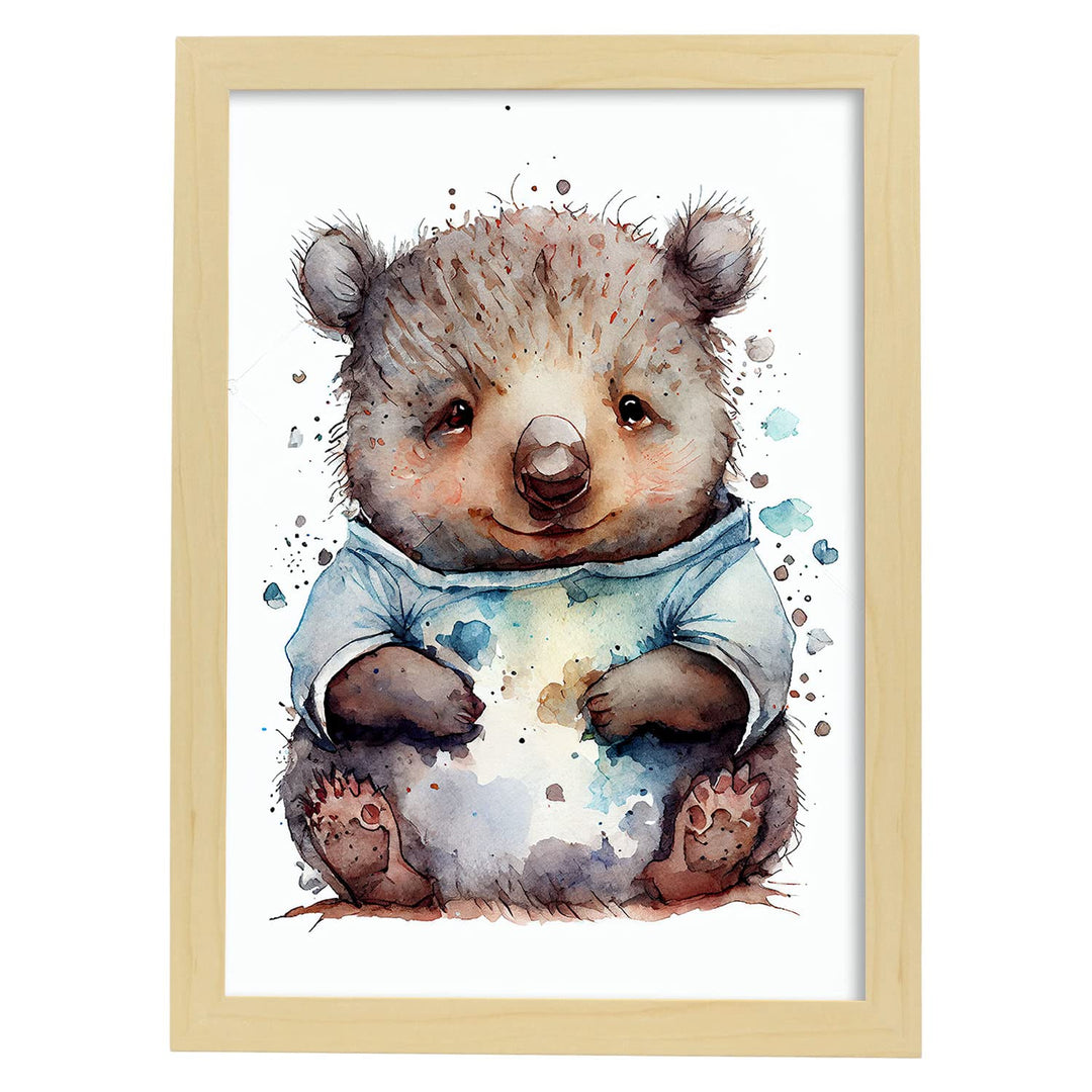 Nacnic Wombat Poster im Aquarellstil. Illustrationen von niedlichen Tierbabys auf weissen Hintergrün