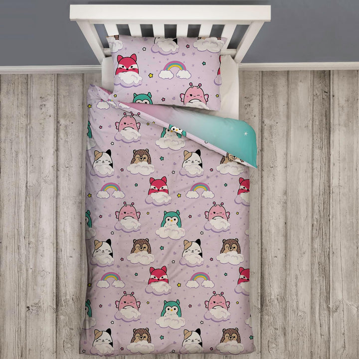 Character World Squishmallows Offizielles Lizenzprodukt, helles Design, Einzelbettwäsche-Set, wendba