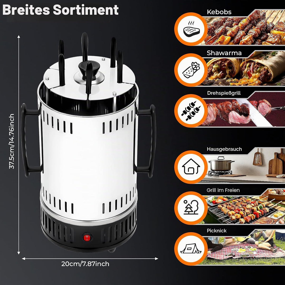 1000W Elektrischer Vertikal Grill mit 6 Spiessen Freistehend Vertikaler Elektrogrill Edelstahl Drehg