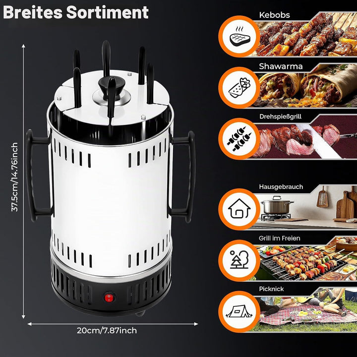 1000W Elektrischer Vertikal Grill mit 6 Spiessen Freistehend Vertikaler Elektrogrill Edelstahl Drehg