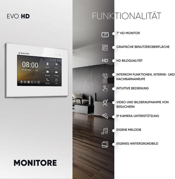 Balter EVO-HD Video Türsprechanlage mit Fingerprint, Video Türklingel, 1 Familienhaus, 2X 7 Zoll Mon