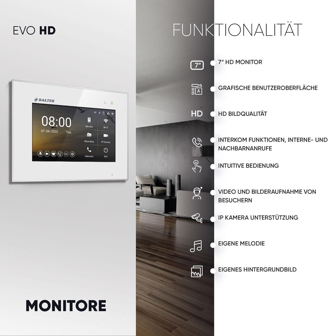 Balter EVO-HD Video Türsprechanlage, Video Türklingel mit Kamera, 1 Familienhaus Klingel, 2X 7 Zoll