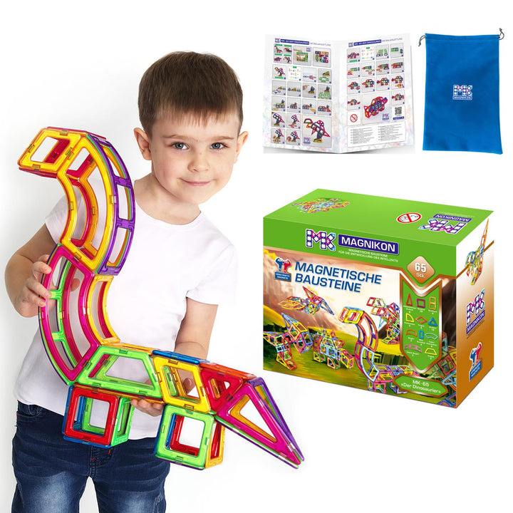 MAGNIKON Magnetische Bausteine Der Dinosaurier - Magnetbau-Set 65-teilig, Montessori Spielzeug ab 3